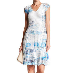 KOMAROV Blue Granite Print Lace Cap Sleeve V-Neck